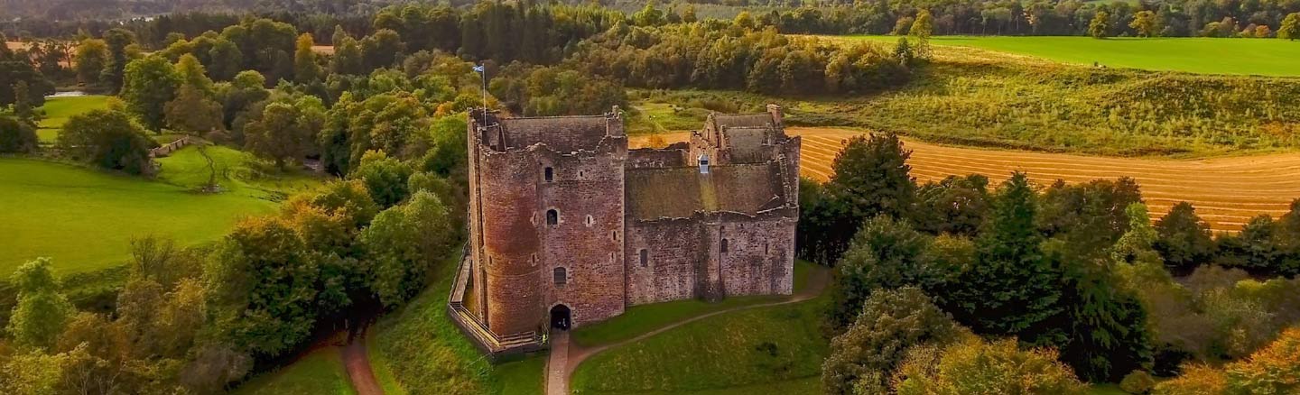 Medieval Doune Castle and the surrounding countryside seen from above