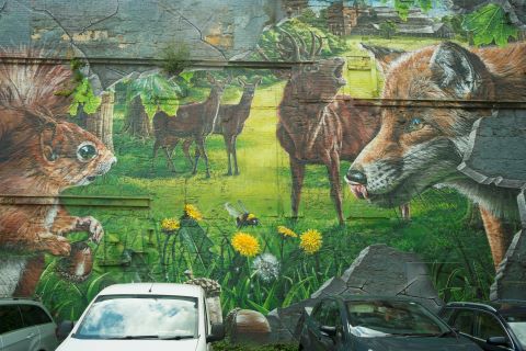 A mural depicting the animals that can be found around Glasgow including squirrels, foxes and deer