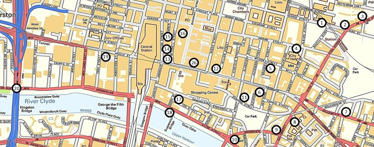 Map showing the Glasgow Mural Trail locations in the city centre