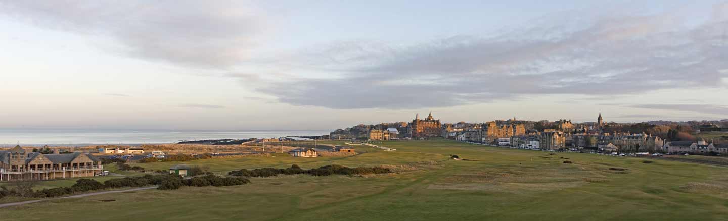 Panorama of the Old Course St Andrews looking towards the 18th fairway