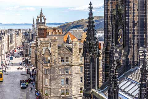 Looking down the Lawnmarket and Royal Mile from the spire of The Hub