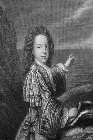 A black and white drawing of Bonnie Prince Charlie wearing a wig and pointing at sailing ships in the distance