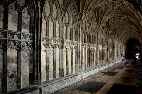 Intricate carvings are seen in The Cloisters of Lacock Abbey