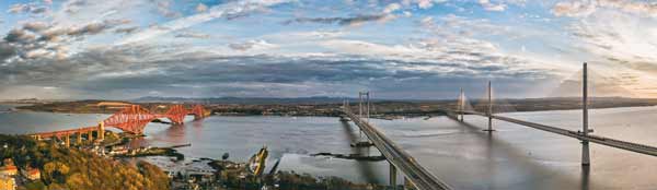 Panoramic view of the three bridges spanning the Firth of Forth