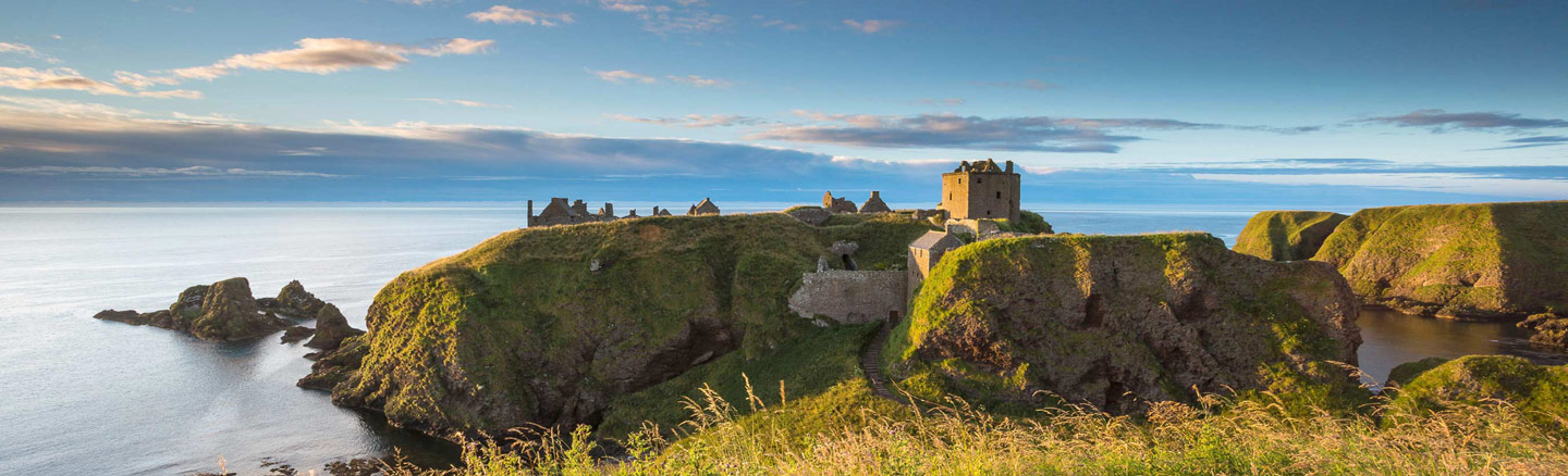 Early morning view of cliff-top Dunottar Castle overlooking the North Sea
