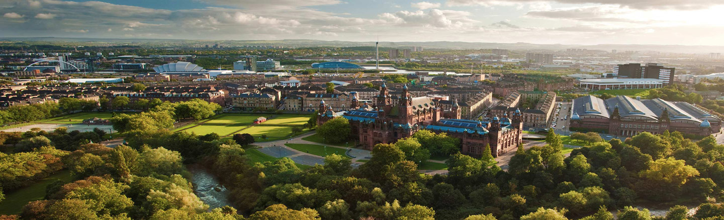 Ariel view of the River Kelvin and Kelvingrove Art Gallery and Museum, Glasgow 