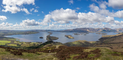 Several of the islands of Loch Lomond seen from above