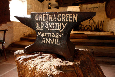 The famous marriage anvil in the Old Smithy at Gretna Green