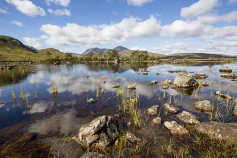 Desolate landscape of lochans and drumlins seen at Rannoch Moor