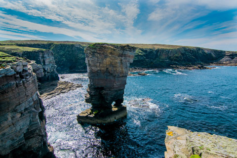 The impressive seastack and Yesnaby Cliffs in Orkney