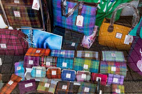 Colourful bags made from Harris Tweed