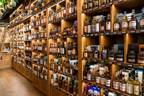 Selection of whiskies in a specialist shop