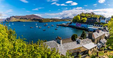 Colourful buildings surrounding Portree Harbour