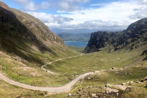 Looking down on the hairpin bends of the Bealach Nam Ba mountain pass