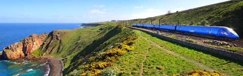 Lumo train travelling along the Berwickshire coast