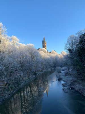 Snow covered trees in Kelvingrove Park, Glasgow