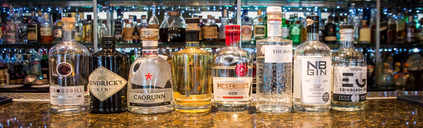A display of gin bottles on a bar counter 