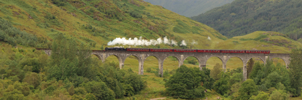 The Jacobite Steam Train crosses the Glenfinnan Viaduct