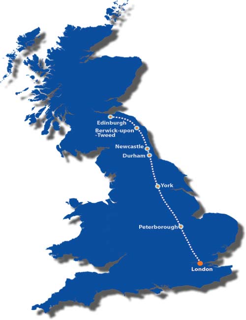 Map showing the route of the London to Edinburgh Train Service