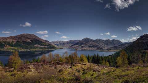 Looking over Loch Duich to the peaks of the Five Sisters of Kintail with 