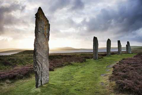 The ancient Ring of Brodgar surrounded by heather