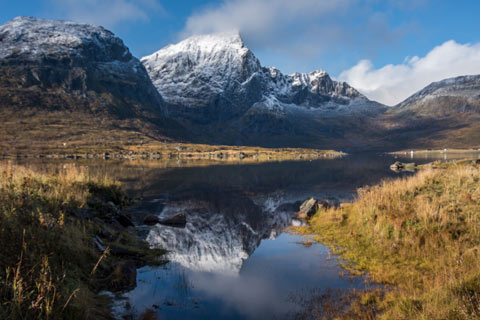 Snow capped mountains reflected in a highland loch during winter