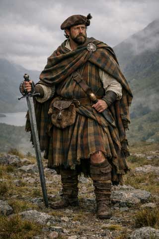 Rendition of a Highlander wearing a Feileadh Mor