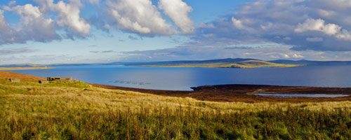 Scapa Flow - grassland and clear blue water on a bright day