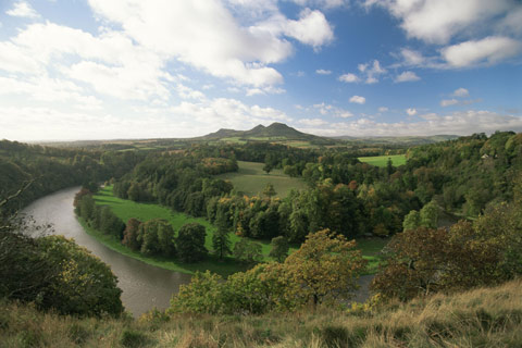 The River Tweed and rolling Eildon Hills seen from Scotts  View