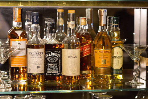 Selection of malt Whisky on a bar shelf
